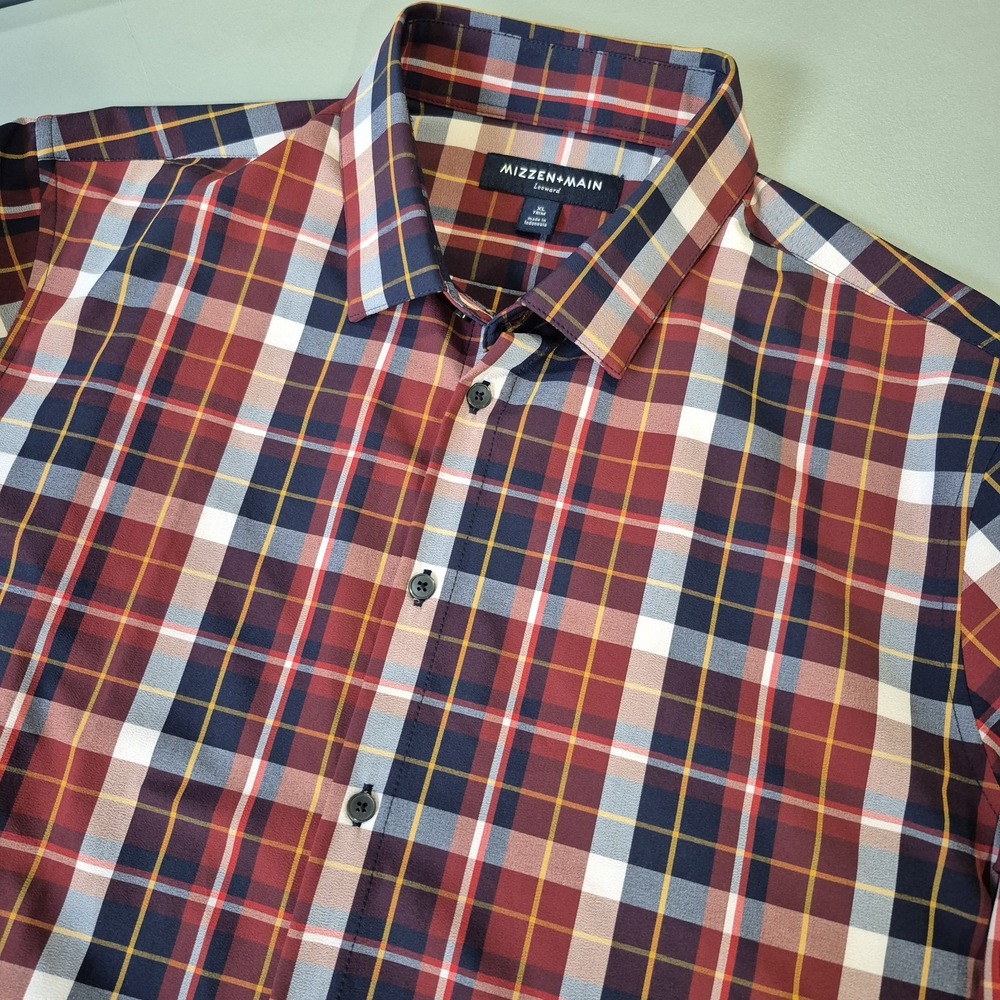 Mizzen Main Shirt Mens XL Red Navy Plaid Leeward Trim Fit Performance Office